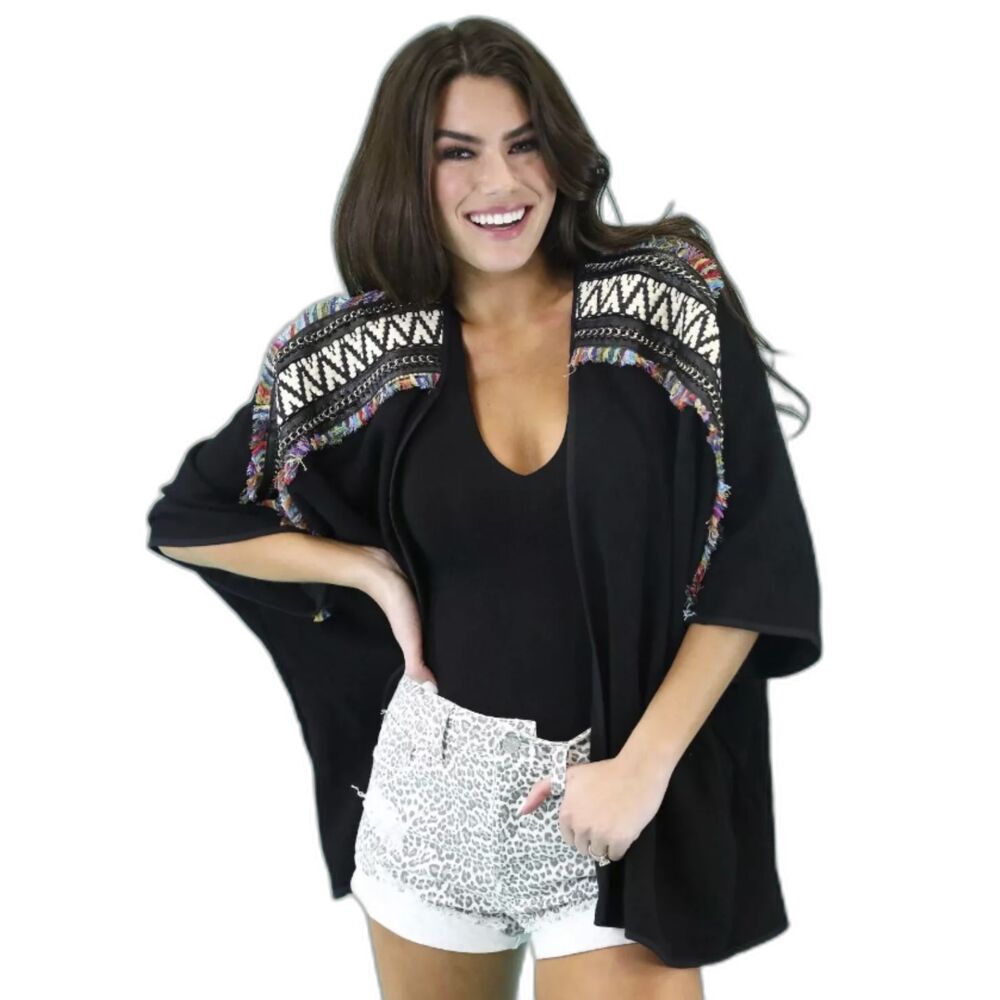 Judith March Embroidered Black Colorful Art to Wear Dolman Slv Cardigan Sz Small